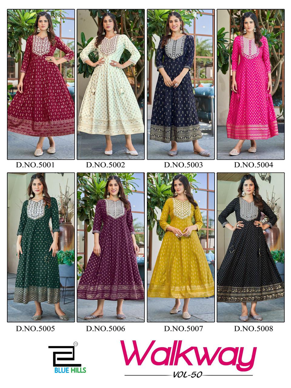 Walkway Vol 50 By Blue Hills Rayon Embroidery Anarkali Kurtis Wholesale Shop In Surat